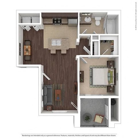 Floor plan for 1 bed, 1 bath, 741 sqft